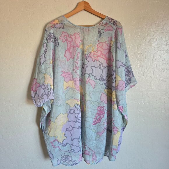 Show Me Your Mumu World Tour Peta Tunic Map Print Blue Size Medium Chiffon Sheer - Picture 7 of 9